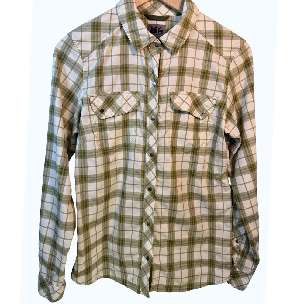REI Gorpcore Northway Seersucker Plaid Long Sleeve Snap Hiking Shirt Green XS